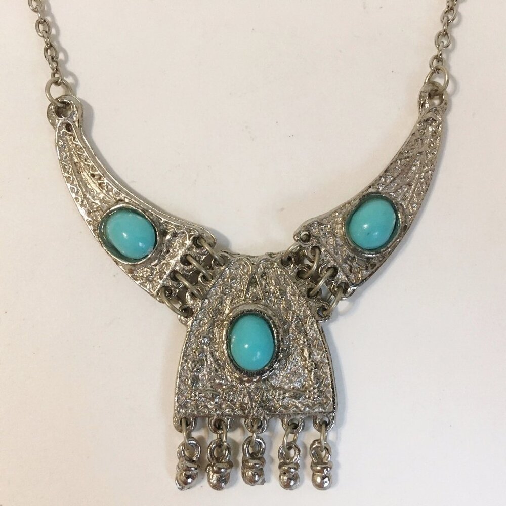 Boho Pendant Necklace Choker Blue Stones Ornate Silver Tone Metal Chain Oval